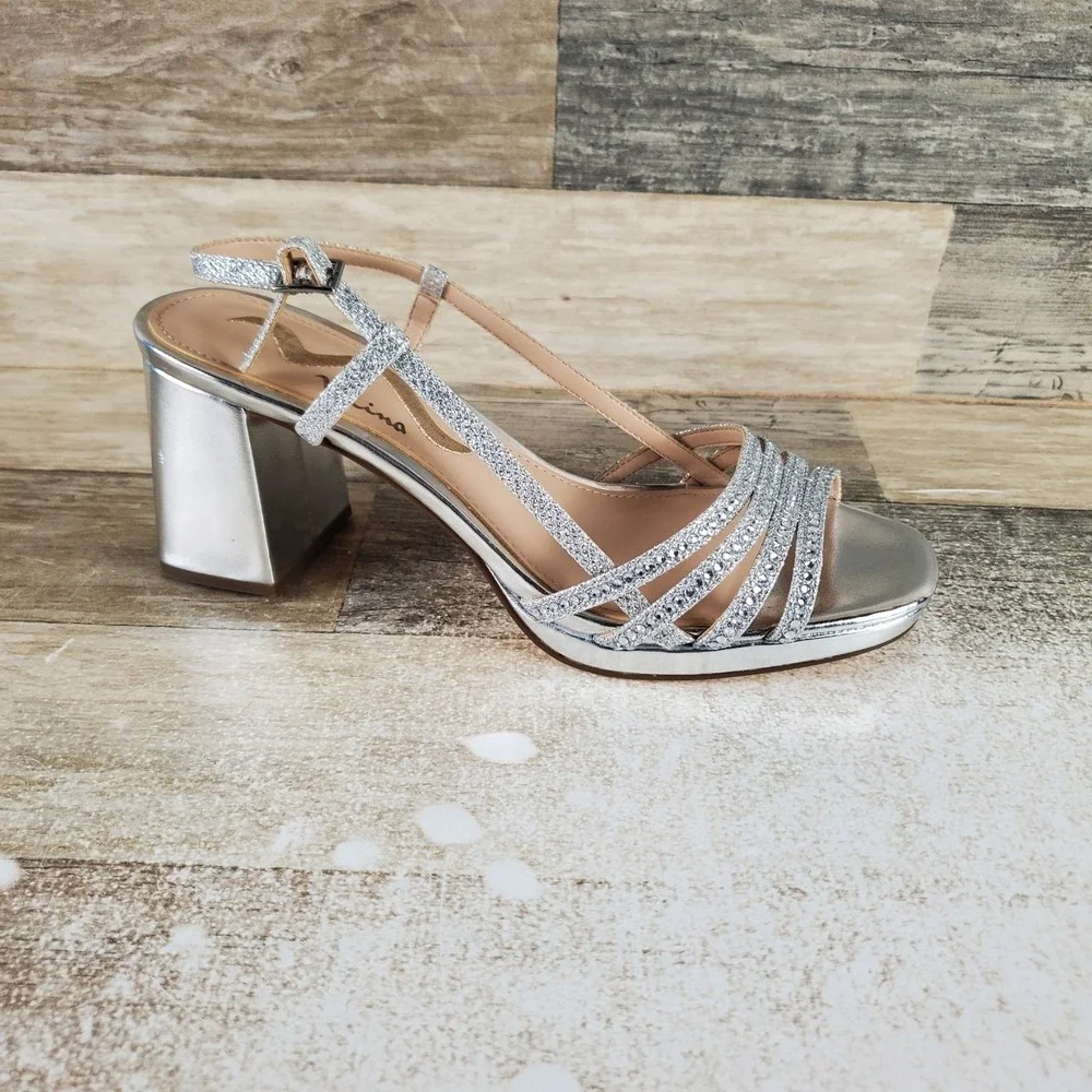 Nina Blanche Womens Sandals Sz 7.5 M Silver Rhinestone Slingback Block Heel