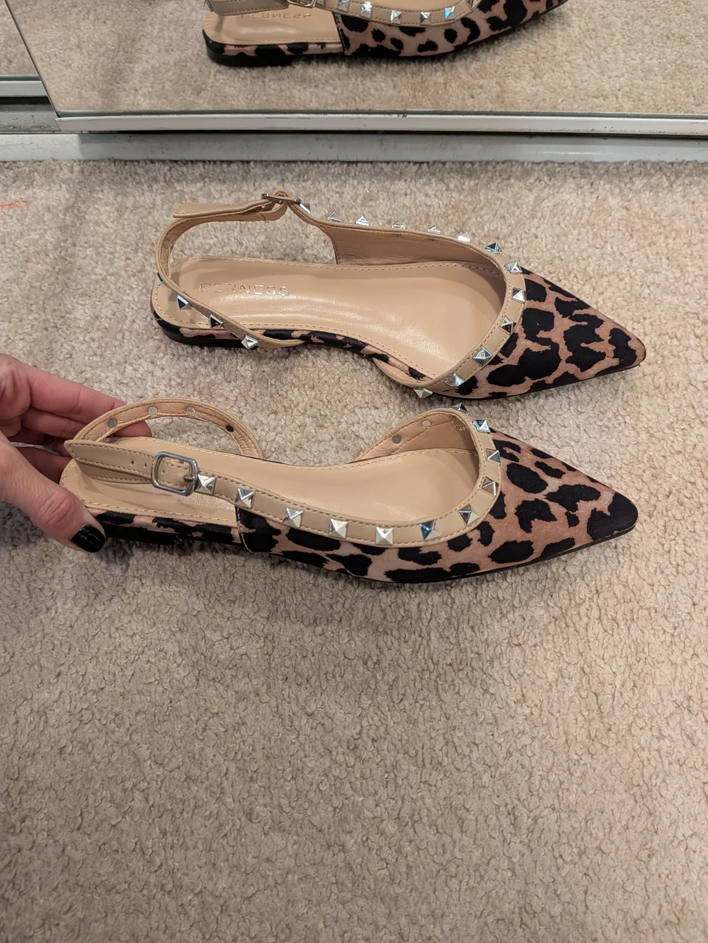 Leopard Studded Pointed Slingback Flats - Beige/Black