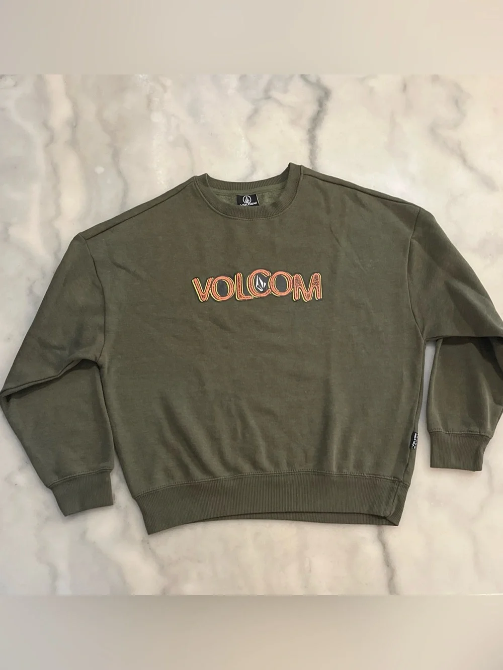 Volcom Olive Green Crewneck Sweater with Orange Logo