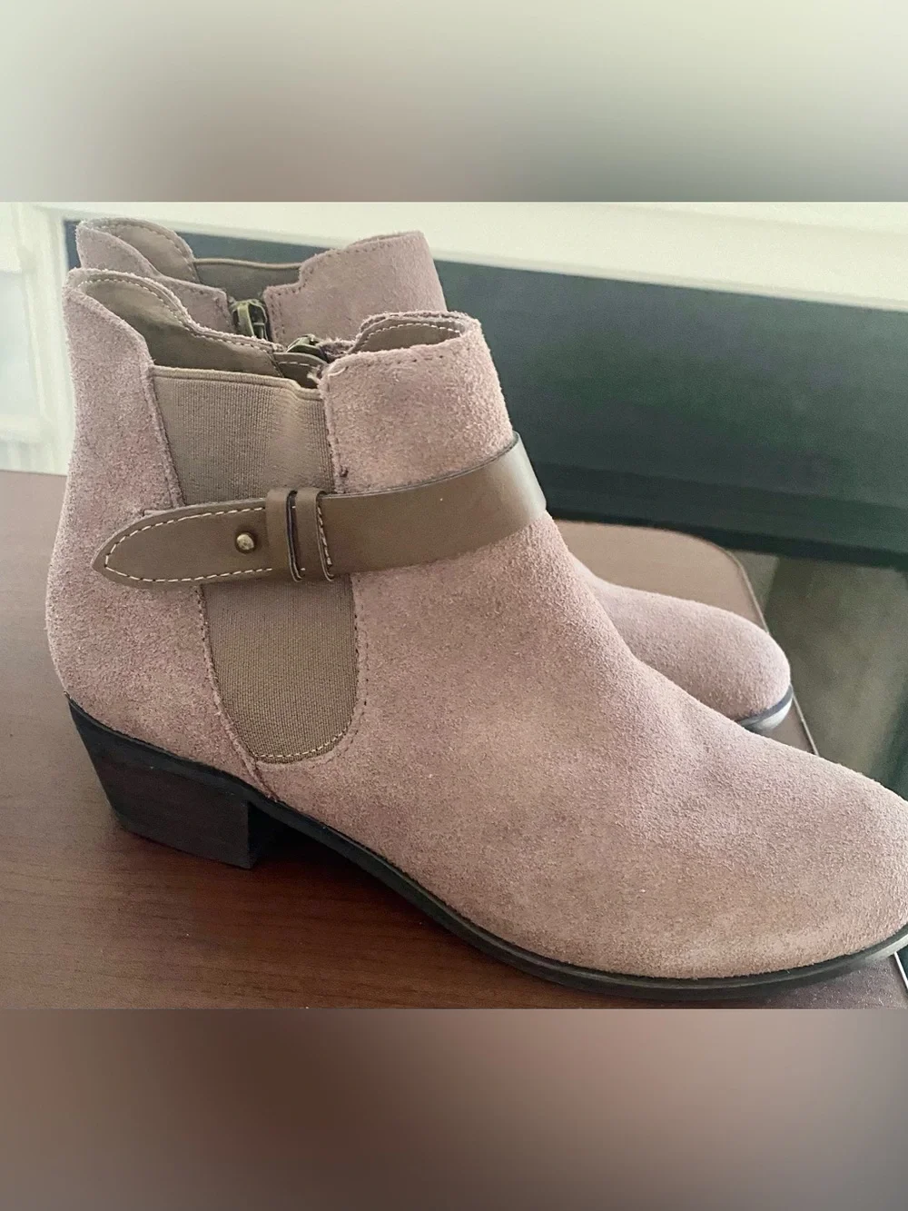 Steve Madden Suede Ankle Boots in Taupe with Brown Strap