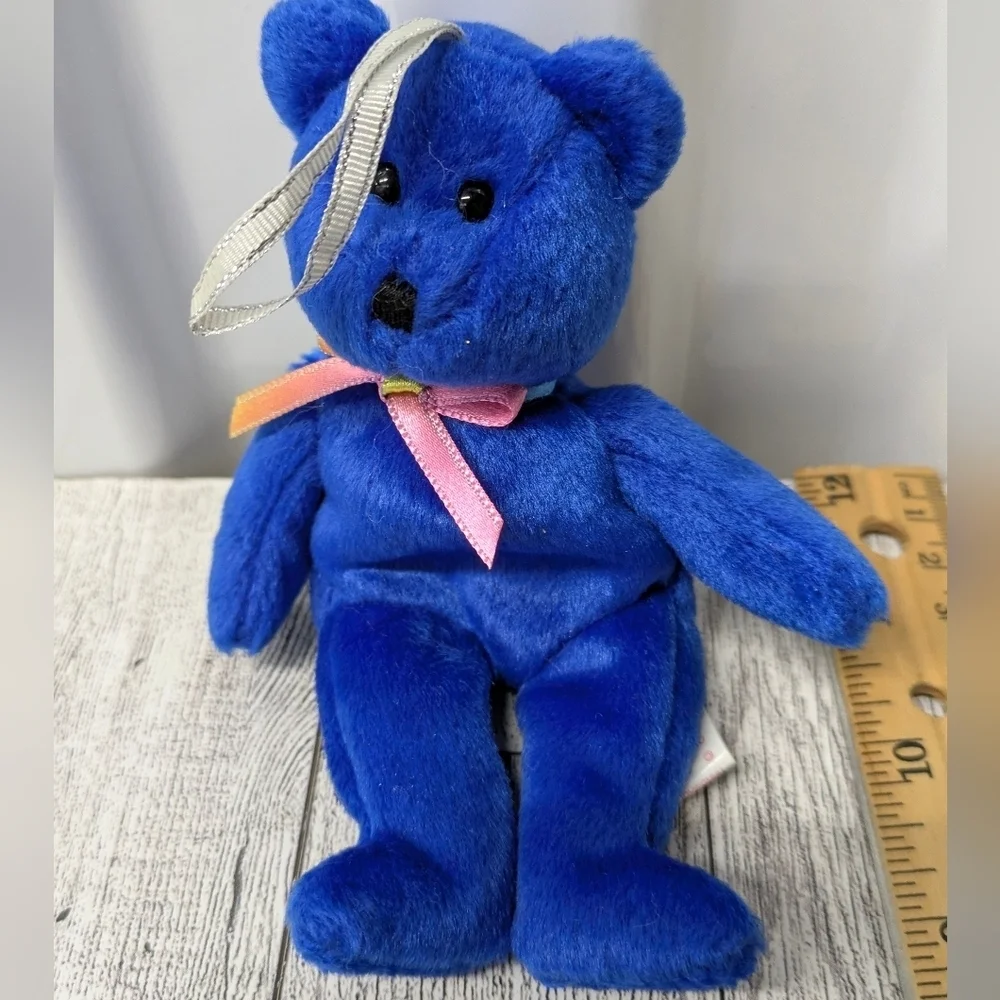 Ty Clubby Blue Teddy Bear with Pink Ribbon
