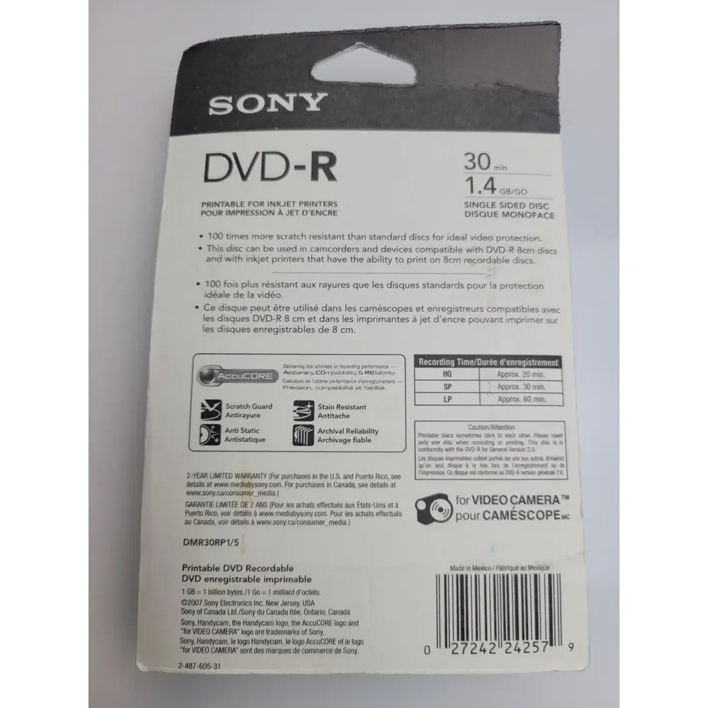New 5 PACK Sony Handycam Video Camera DVD-R 1.4 GB 30 Minute Single Sided