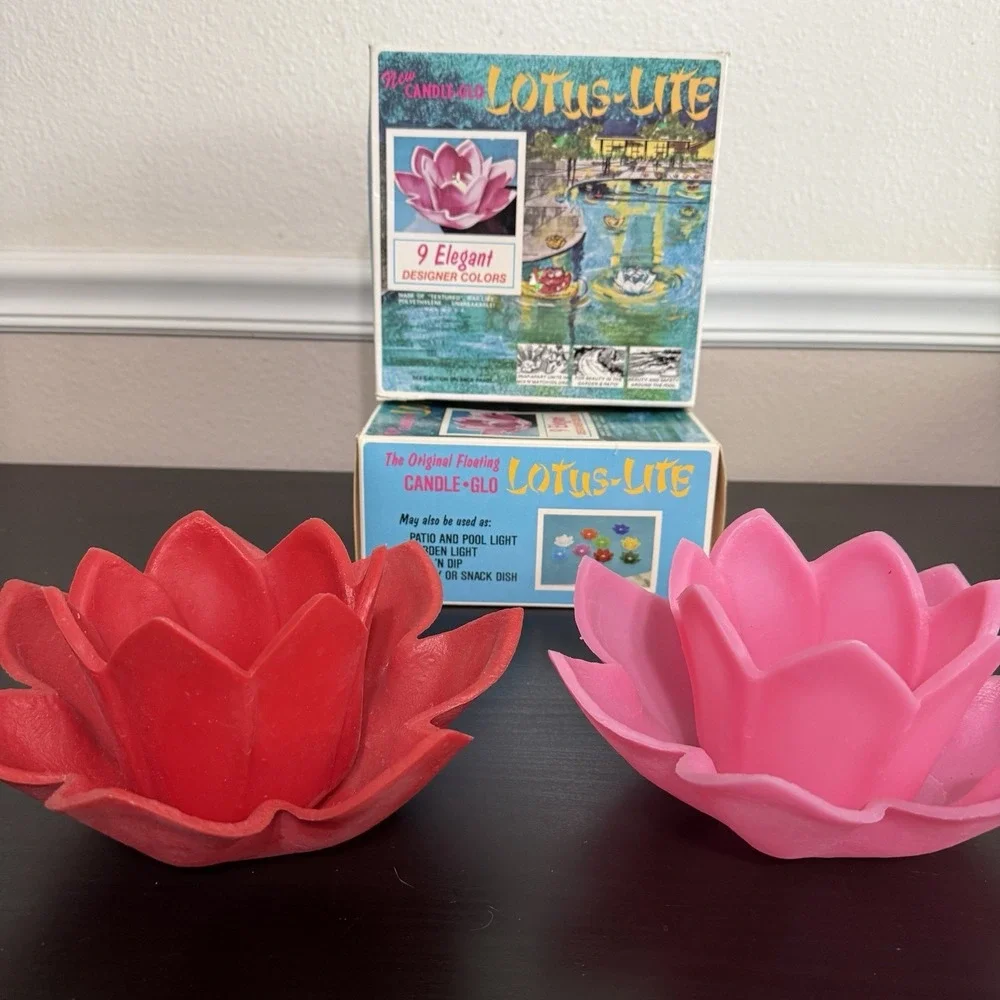 Vintage Lotus Lite Floating Pool Candle Holder Set Of 2‎ Red Pink Candle-Glo USA