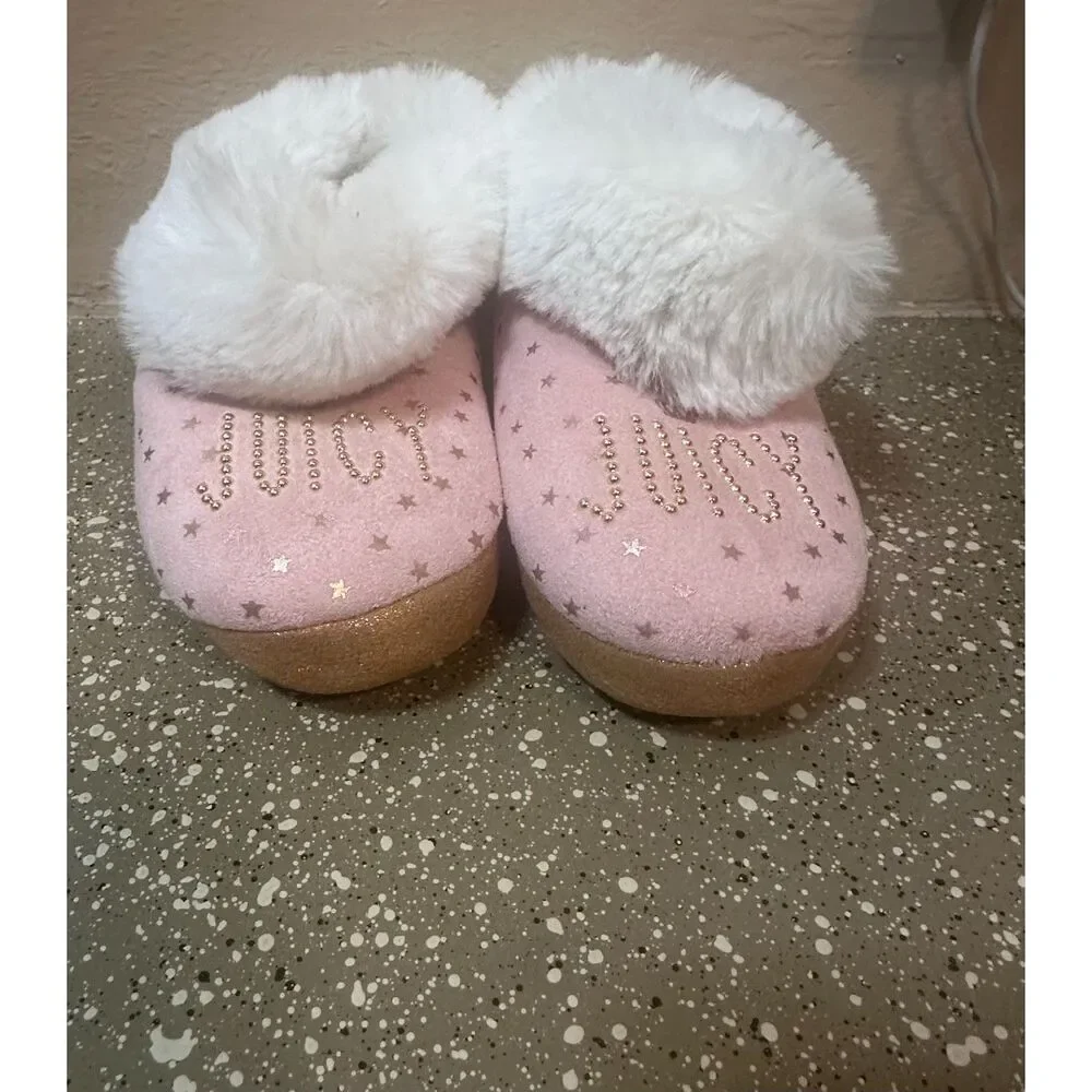 Juicy Couture Faux Fur Glitter Slippers |‎ Size 9/10 Pink Lil Tulare