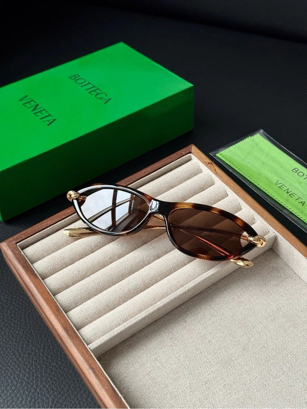 Bottega Veneta Brown Tortoiseshell Oval Sunglasses with Gold Temples