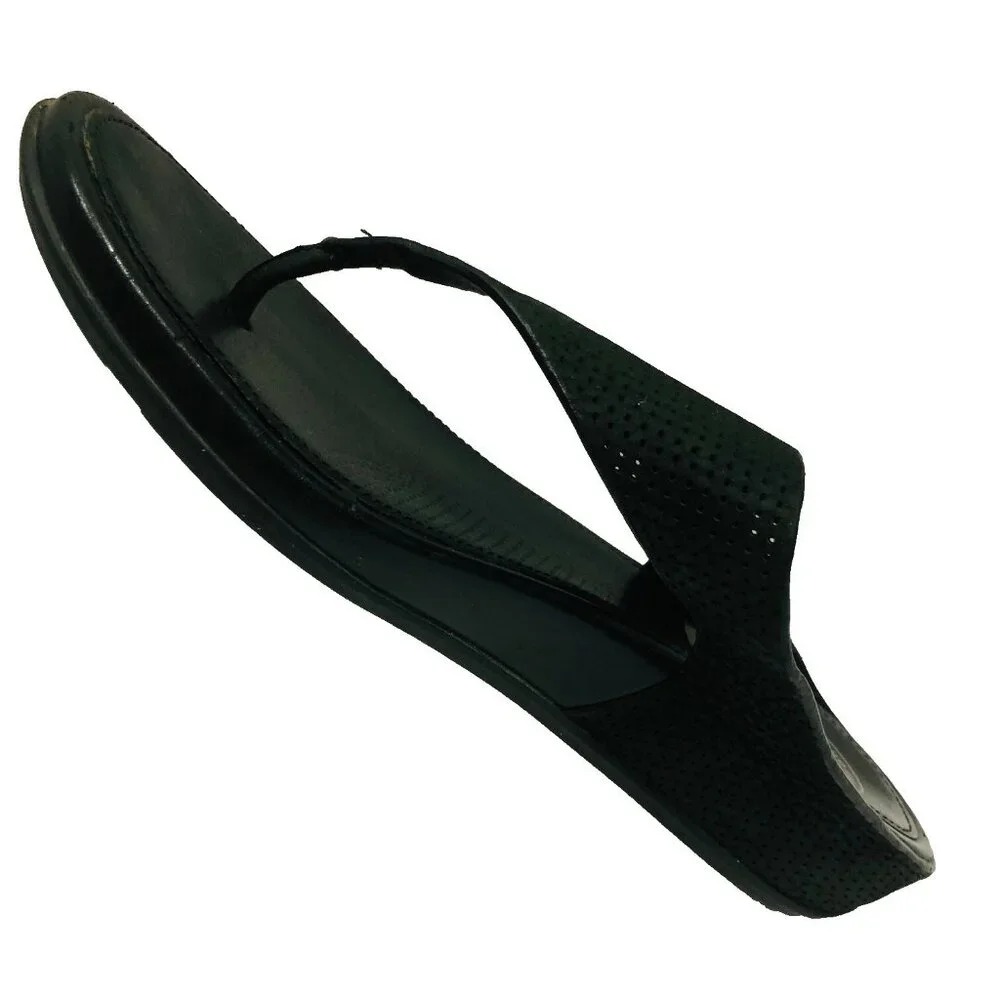 FitFlop Banda Sandals Women 6 Black‎ Leather Perforated Thong Shoe Whimsigoth