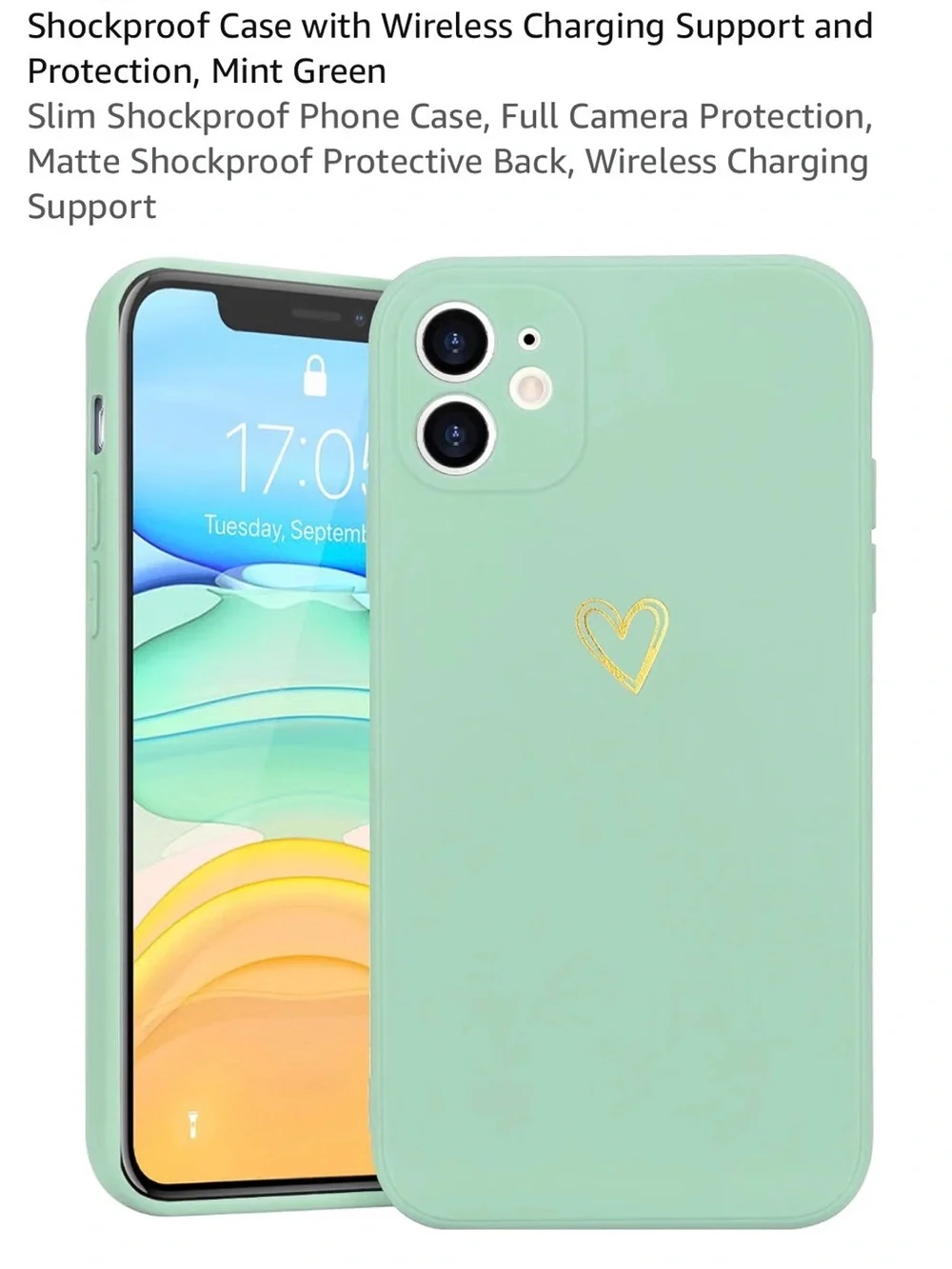 Amazon Mint Green Shockproof Phone Case with Gold Heart Accent