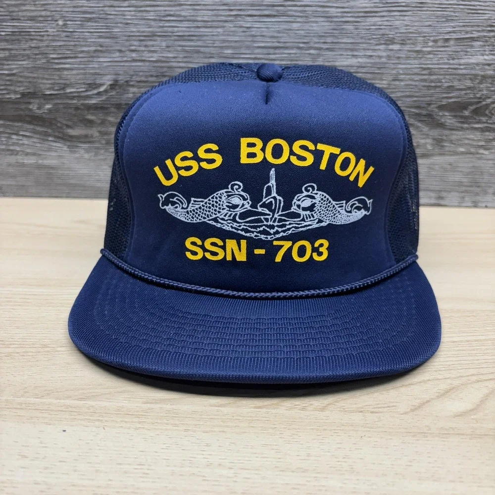 Vintage USS Boston Hat Cap Snap Back Navy Mesh Trucker‎ Mens One Size 80s