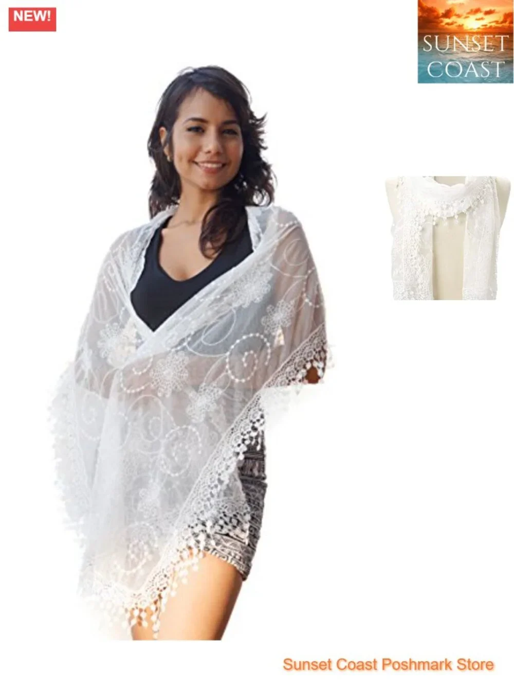 Lightweight Lace Teardrop Fringe Mesh Crochet Tassel Scarf Wrap Shawl