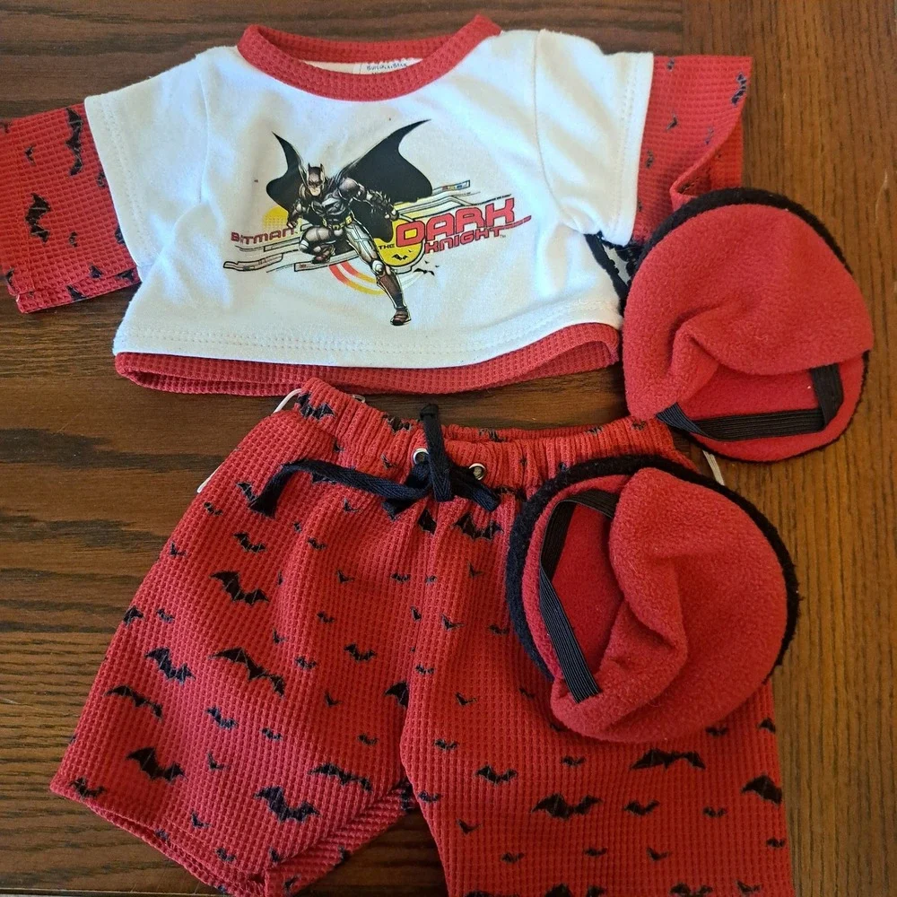 Build-A-Bear Batman The Dark Knight Red Waffle Knit Shirt Shorts Slippers Set