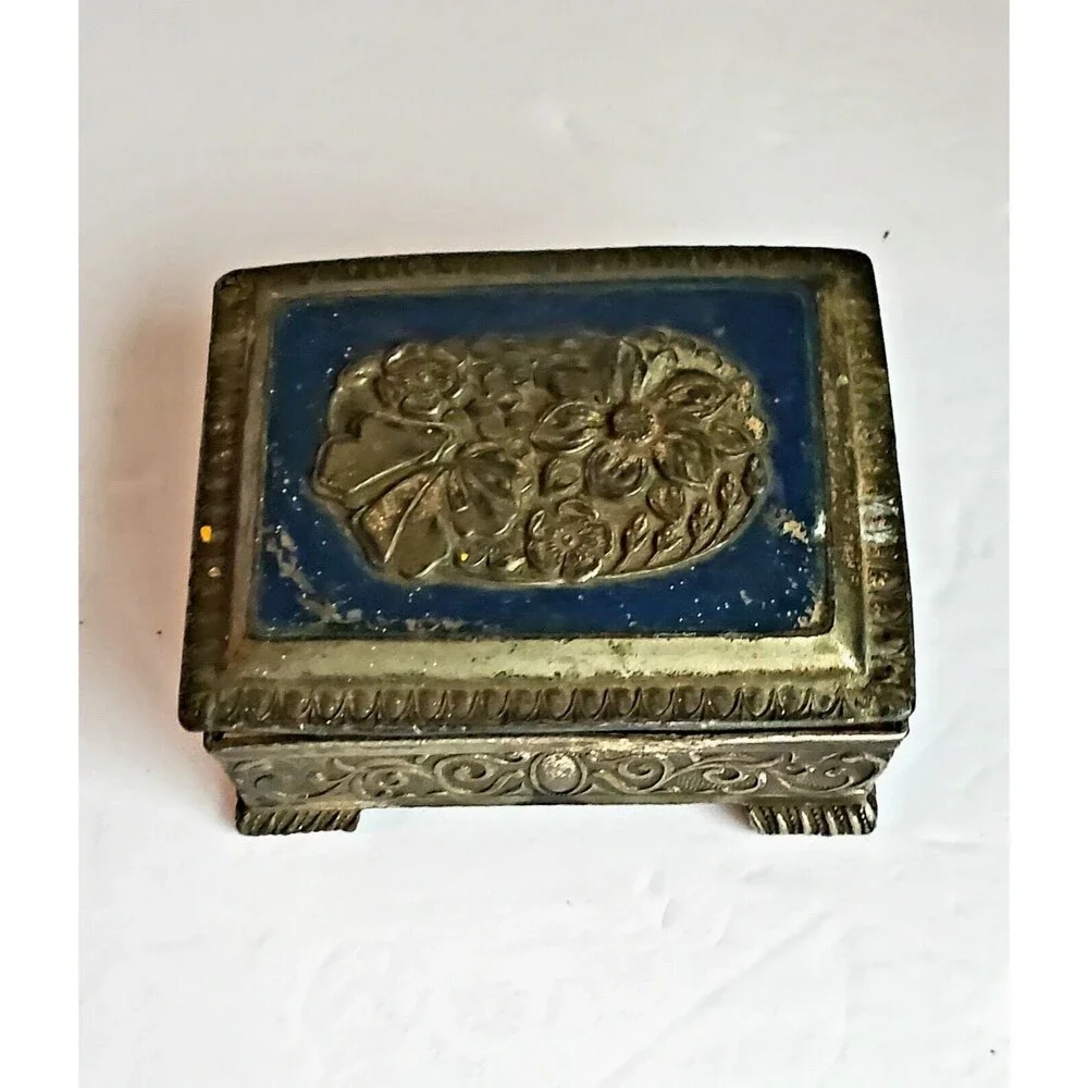 Silver Toned Footed Trinket Box Occupied Japan Blue Top Embossed Rose Vintage