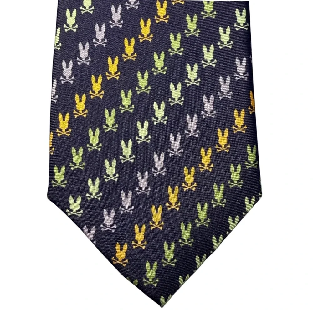 Psycho Bunny Mens 100% Silk Tie Navy Blue and Multi Color Logo Print