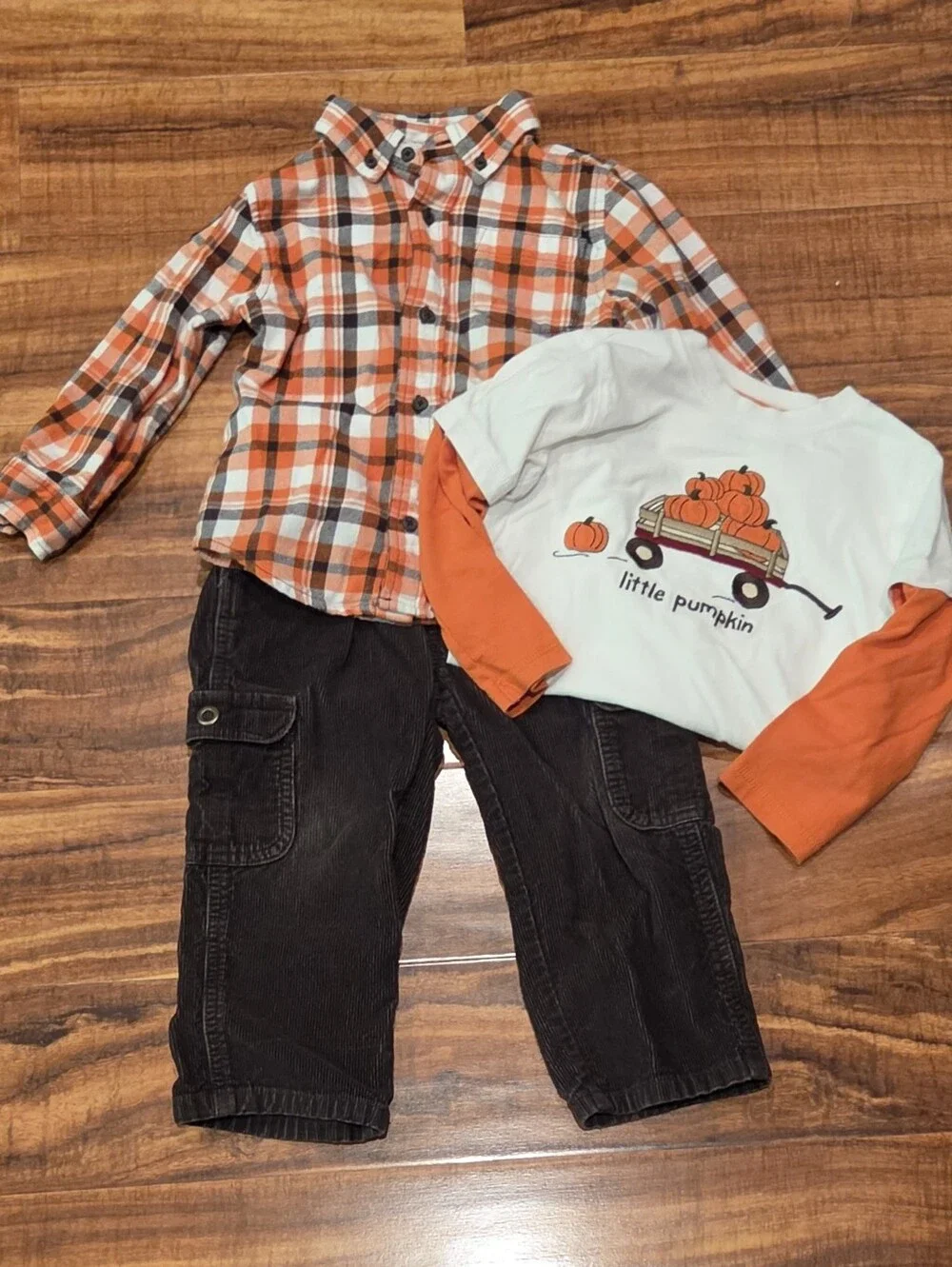 Gymboree EUC 2T Months Brown/Orange Plaid Shirt, Pumpkin Tee & Corduroy Pants