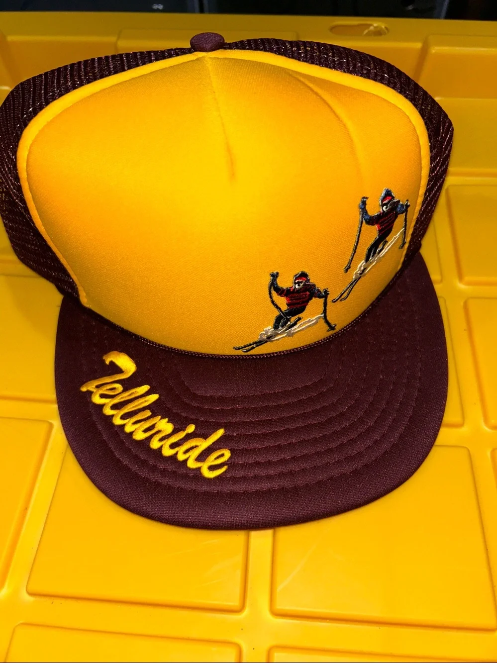 New! Vintage burgundy/gold trucker hat with Telluride ski patches