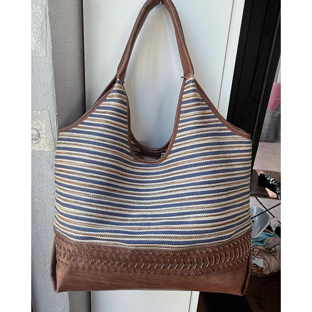 Steven by Steve Madden Striped Woven Large Hobo Tote Brown NWOT
