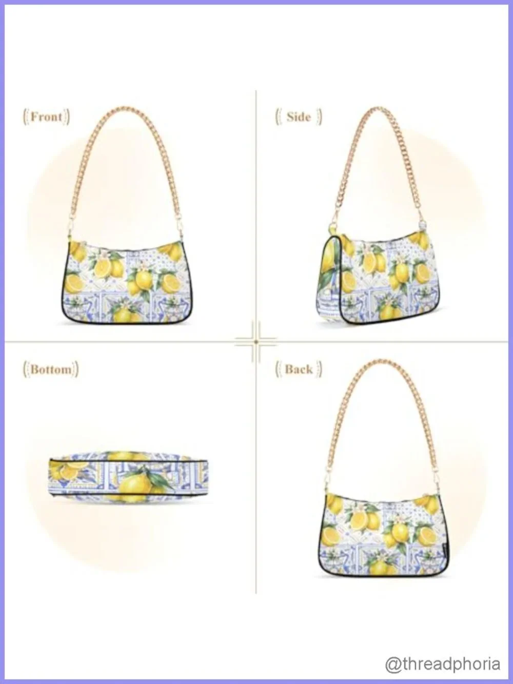 Womens Hobo Shoulder Bag Vintage Print Tote Handbag with Zipper Closure Gold