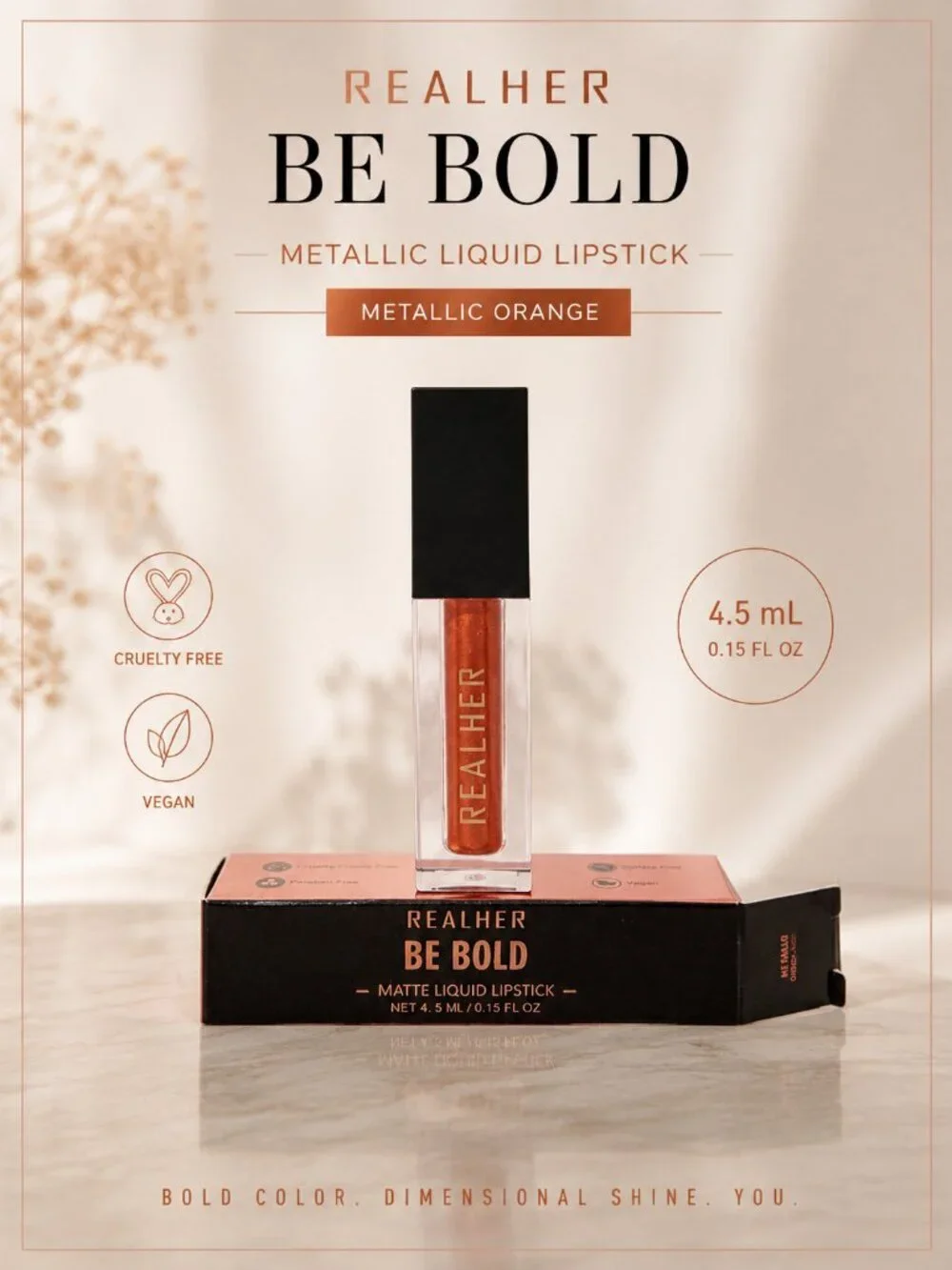 REALHER Be Bold Metallic Liquid Lipstick Metallic Orange 4.5mL NIB