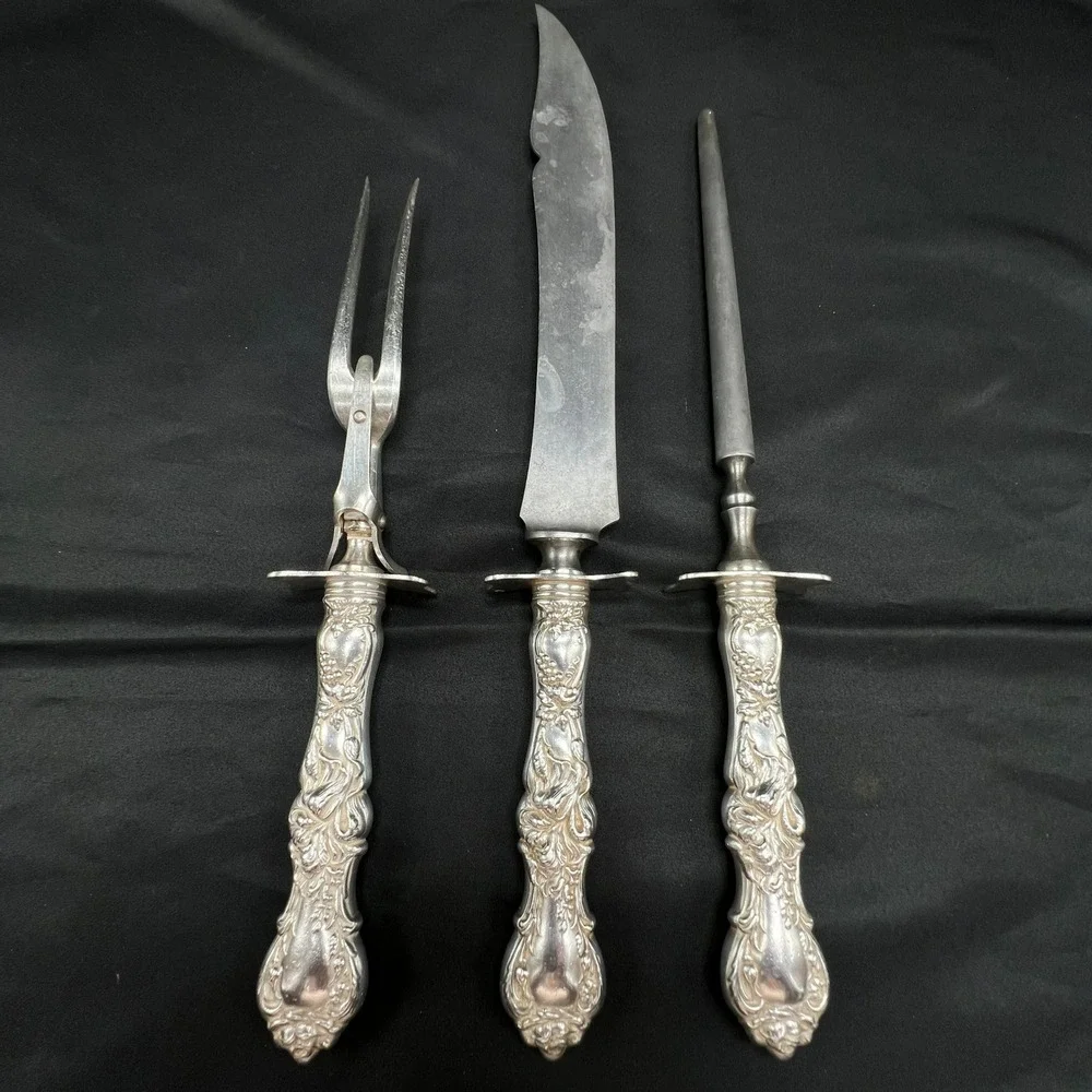 VTG 1835 R Wallace Silver Plate 3 Pcs Carving Set Knife Fork Steel Ornate Floral