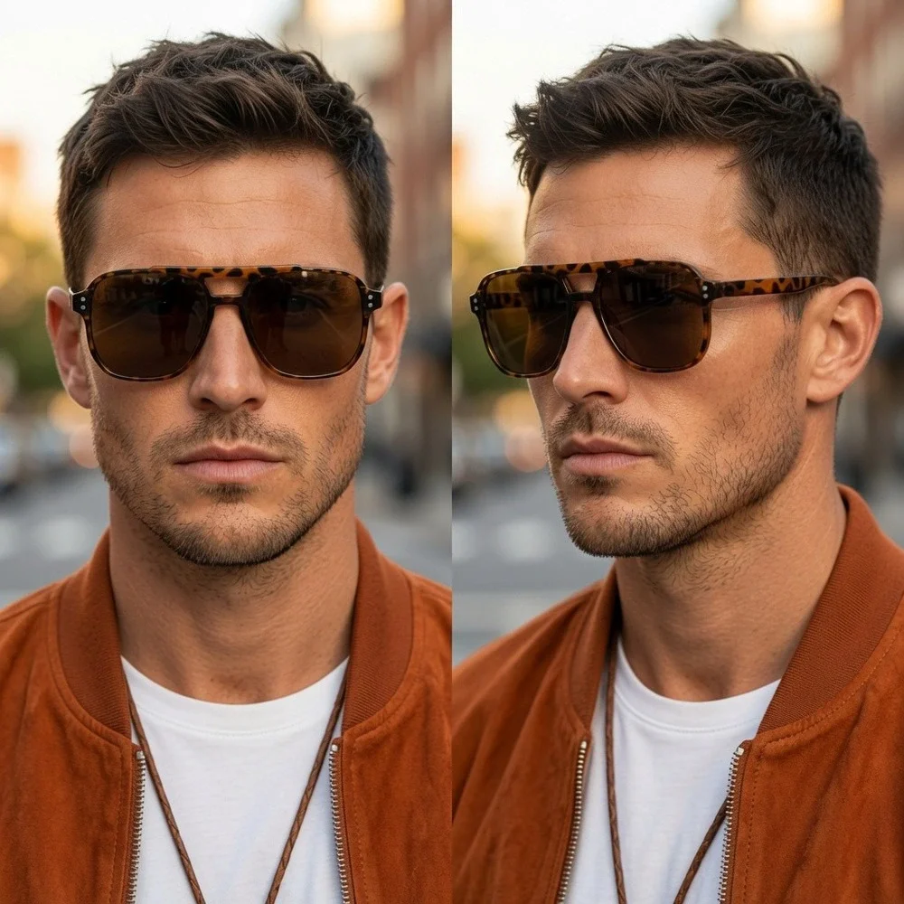 Mens Tortoiseshell Classic Sunglasses Brown Lens Square Double Bridge Retro 70s‎