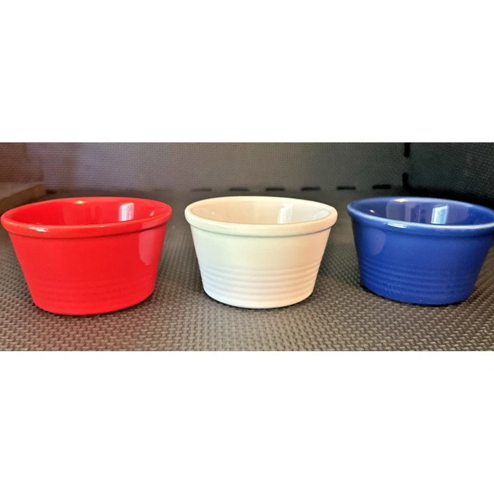 Chantal Red/White/Blue Ceramic Ramekins Custard Cups Set of 3, 1 Cup Size Each