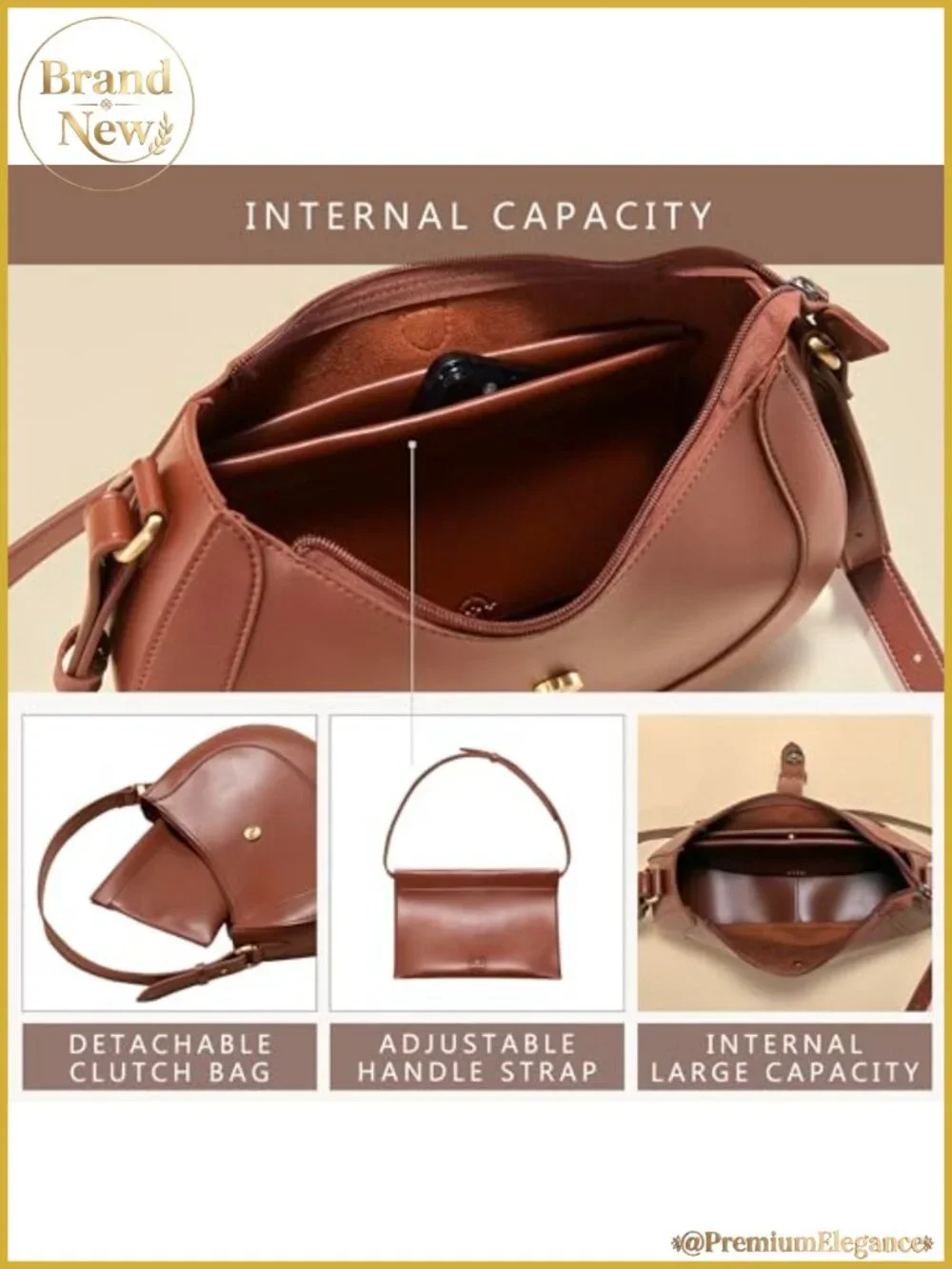 Vegan Leather Crescent Hobo Bag with Adjustable Strap and Detachable Clutch