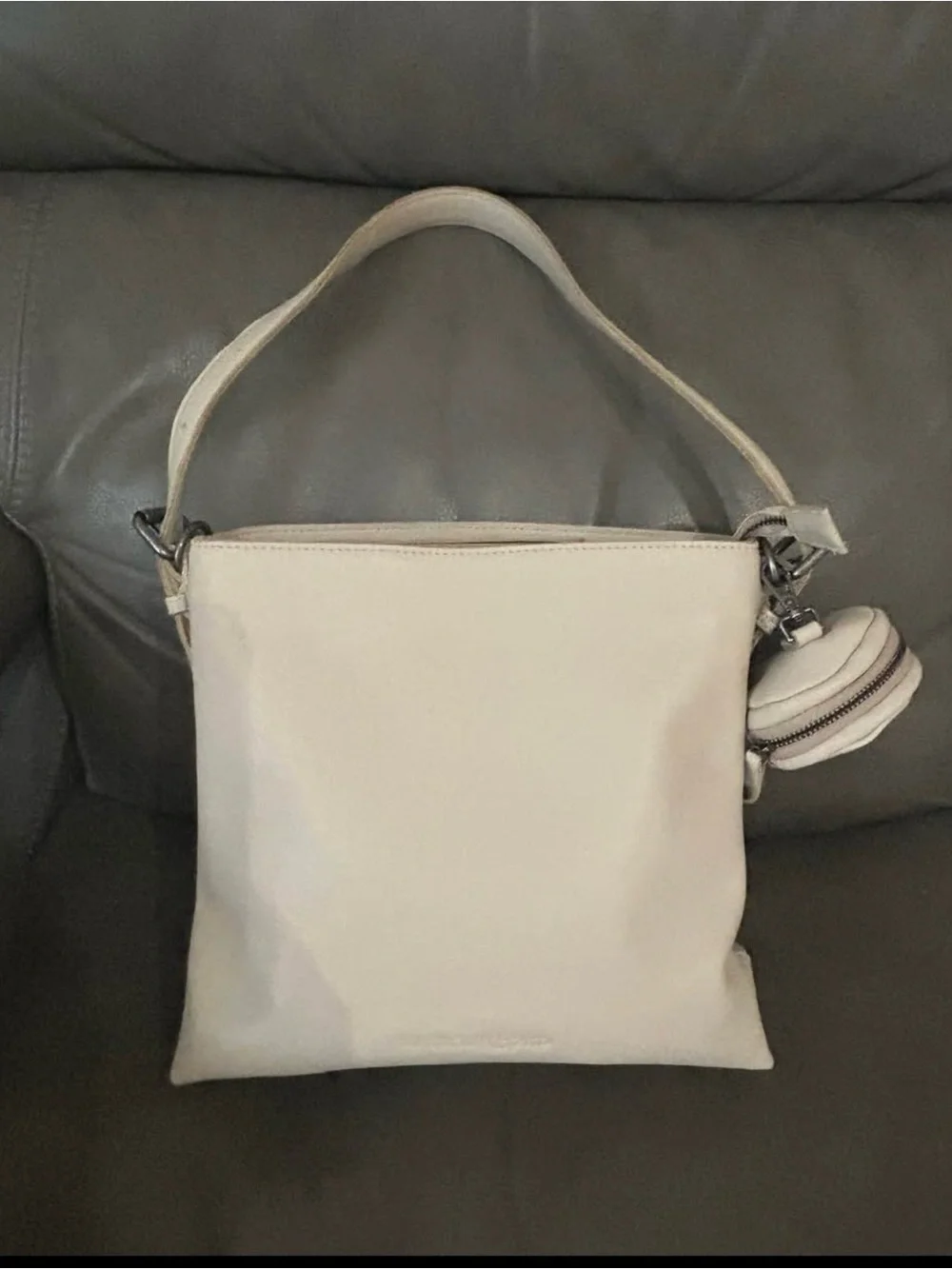 Cream Leather Hobo Shoulder Bag with Detachable Coin Pouch