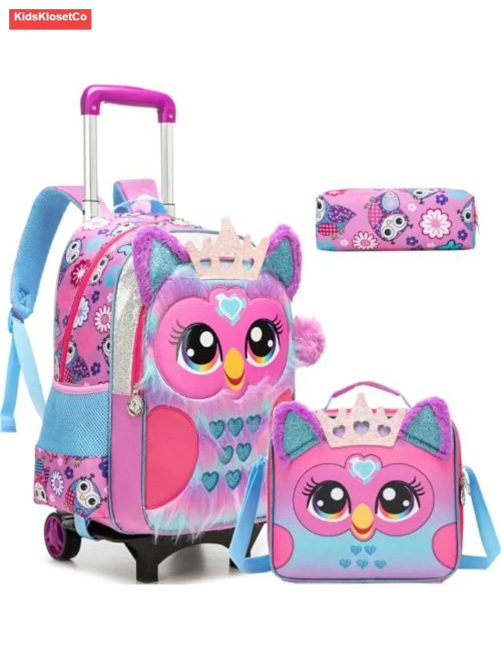 Kids Rolling Backpack for School Girls 3-Piece Set Wheels Lunch Box Pencil Case