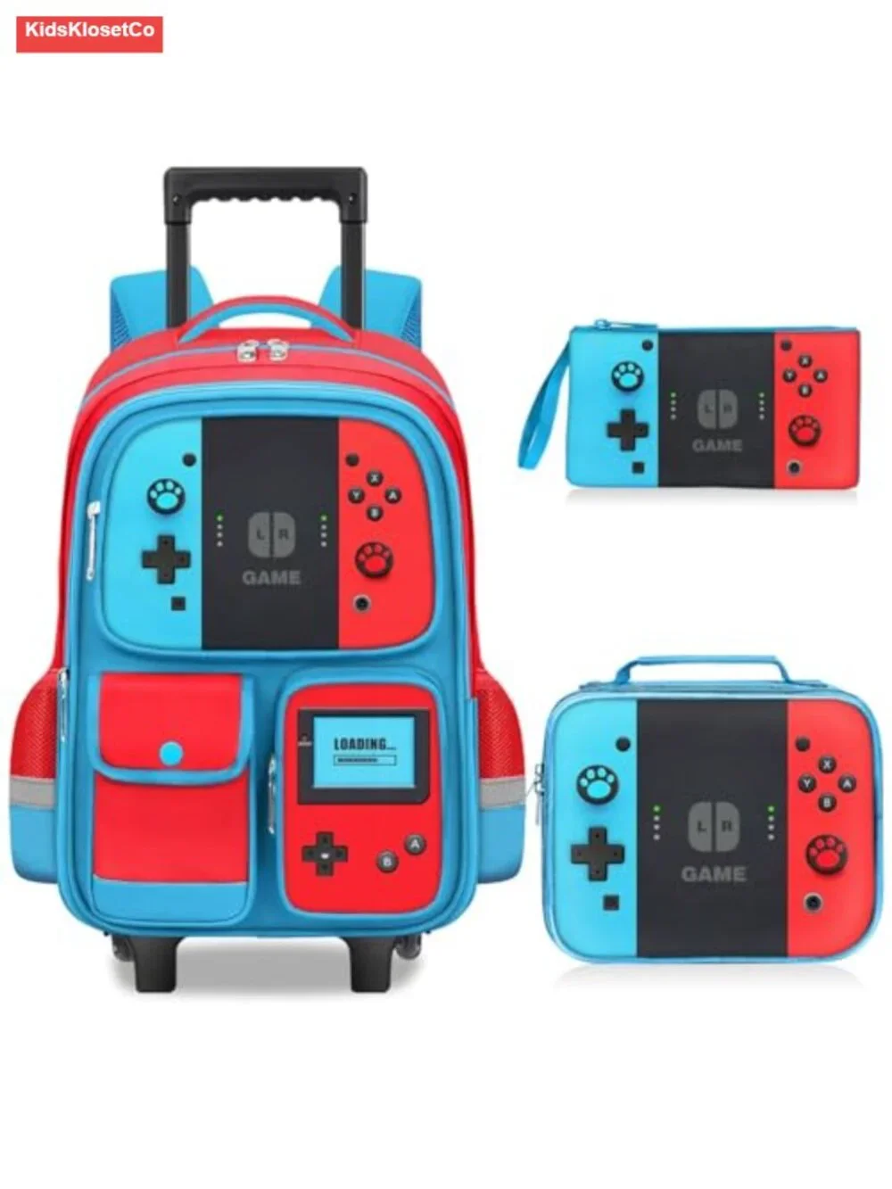 Kids Rolling Backpack 3-Piece Set with Lunch Box Pencil Case Wheeled Bookbag