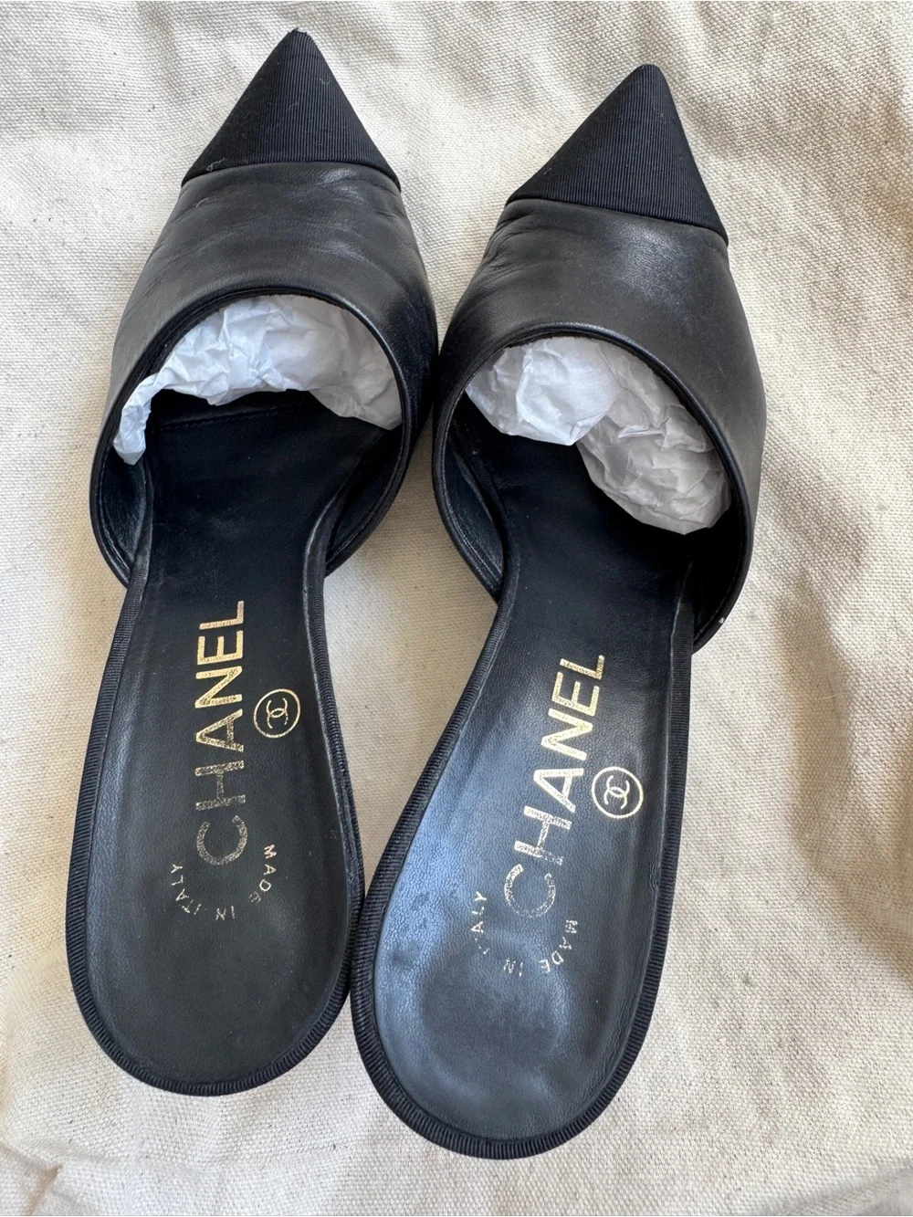 CHANEL leather mules