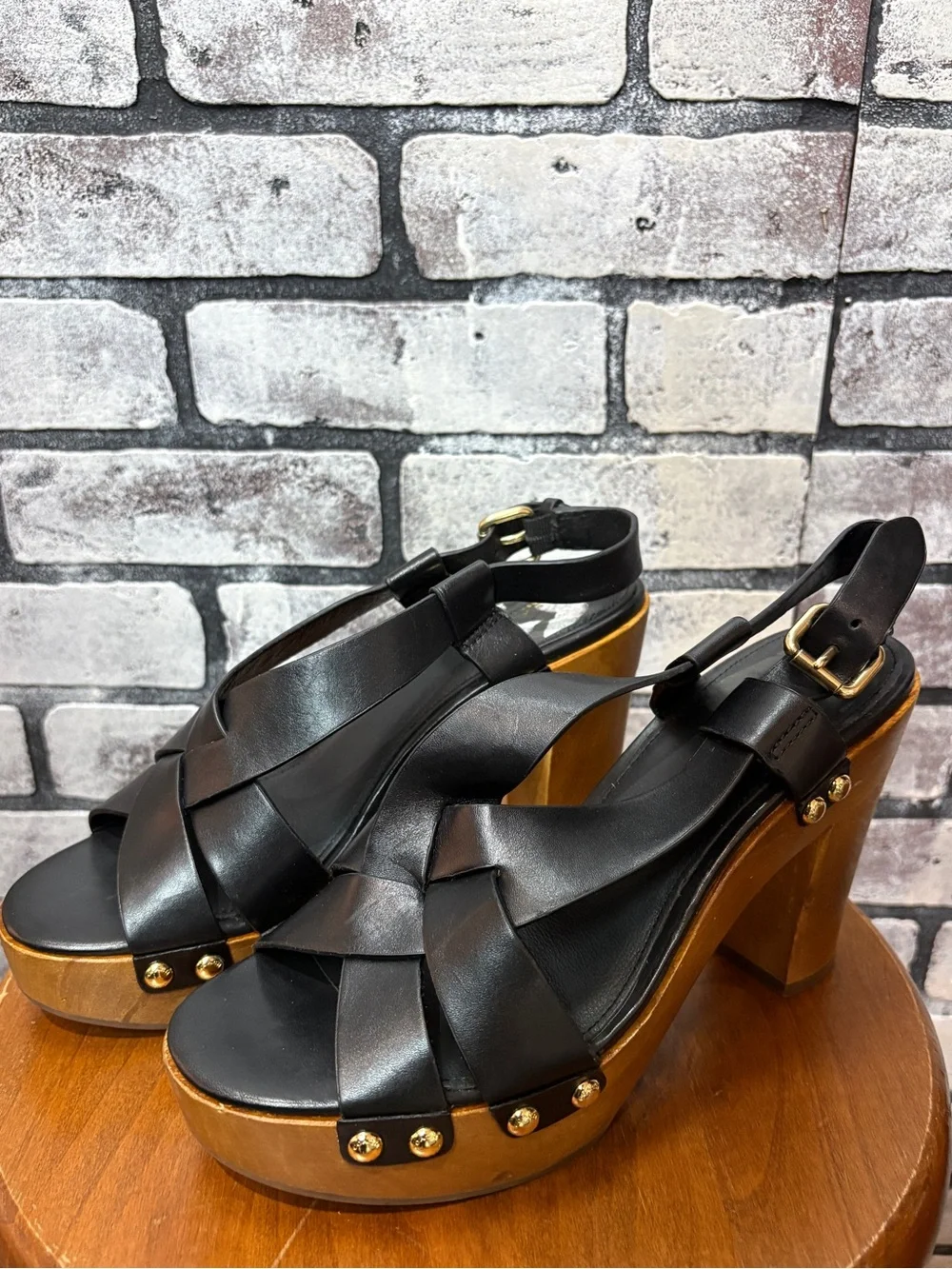 Coach Black Leather Platform Sandals with Wood-Effect Heel and Gold Studs
