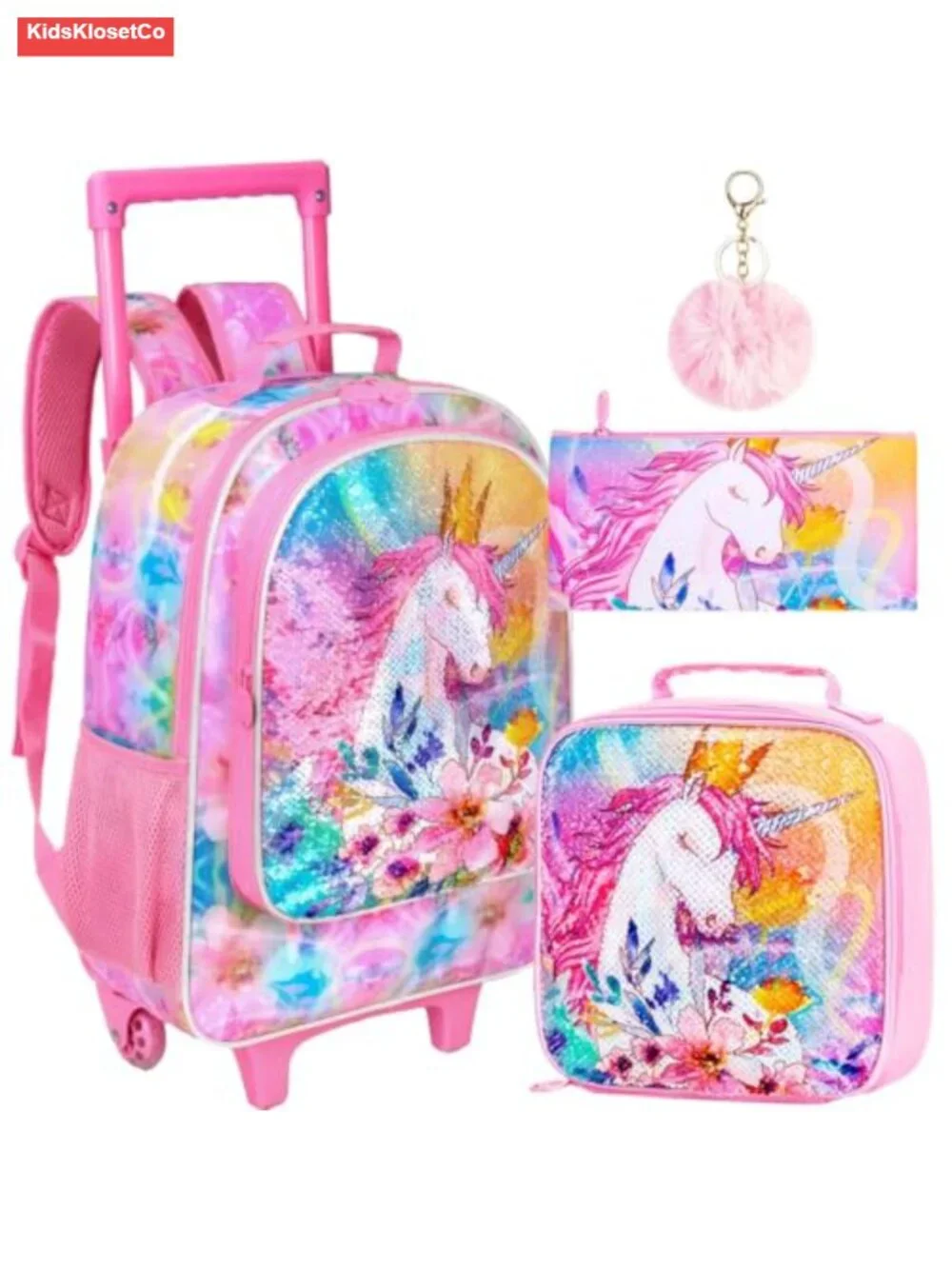Rolling Backpack for Girls, Kids Unicorn Luggage with Wheels, 3-Piece Set with