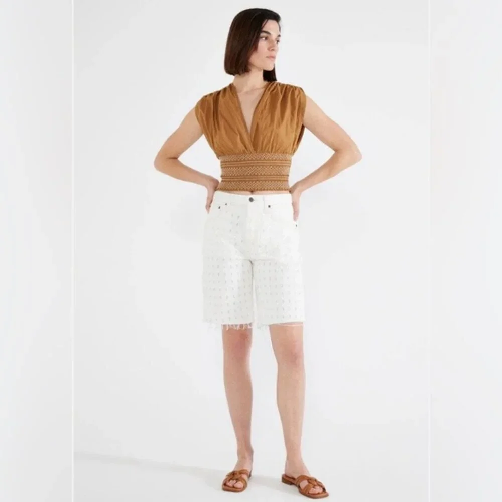 NWT etica NARIN RELAXED LONG SHORTS White Denim Laser‎ Vortex Raw Hem Size 24