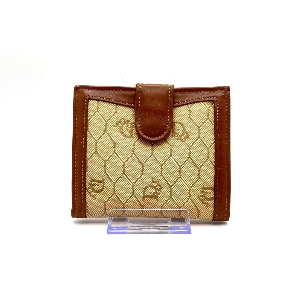 Authentic Christian DIOR Vintage Honeycomb Leather & Canvas Compact Wallet