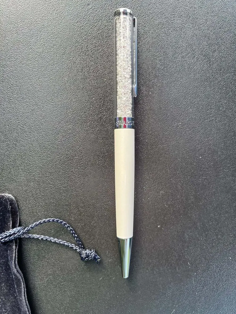 Swarovski Crystalline Ballpoint Pen White Lacquered Chrome Plated Pouch & Refill