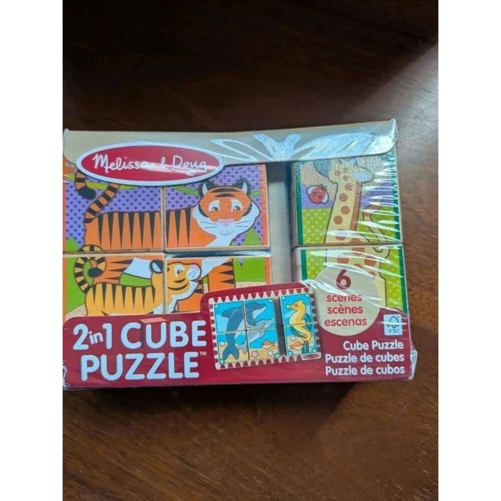 Melissa & Doug Wooden Block Cube Puzzle 6  Animal Scenes Educational New