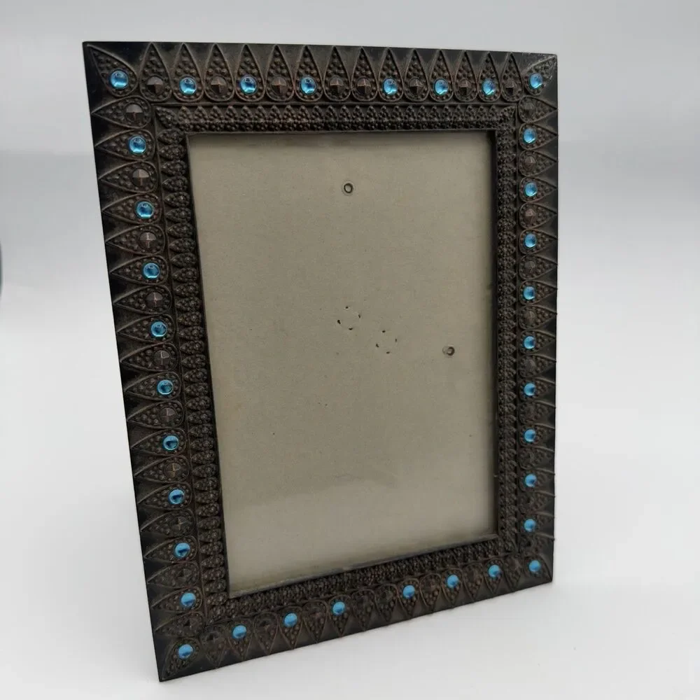 Burnes Of Boston Brown & Turquoise Blue Metal Picture Frame Y2K Bling Vintage