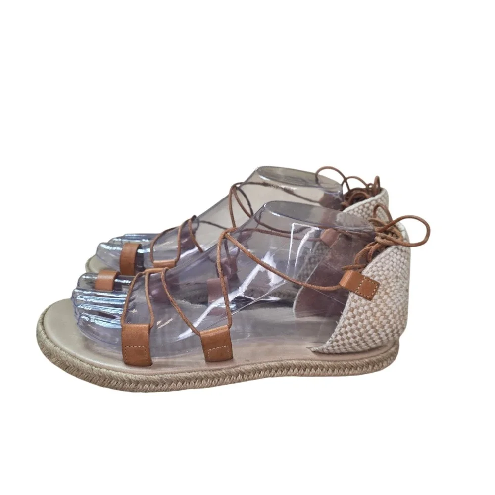 Ancient Greek Sandals Womens 38 Leather Lace Up Gladiator Espadrille Tan