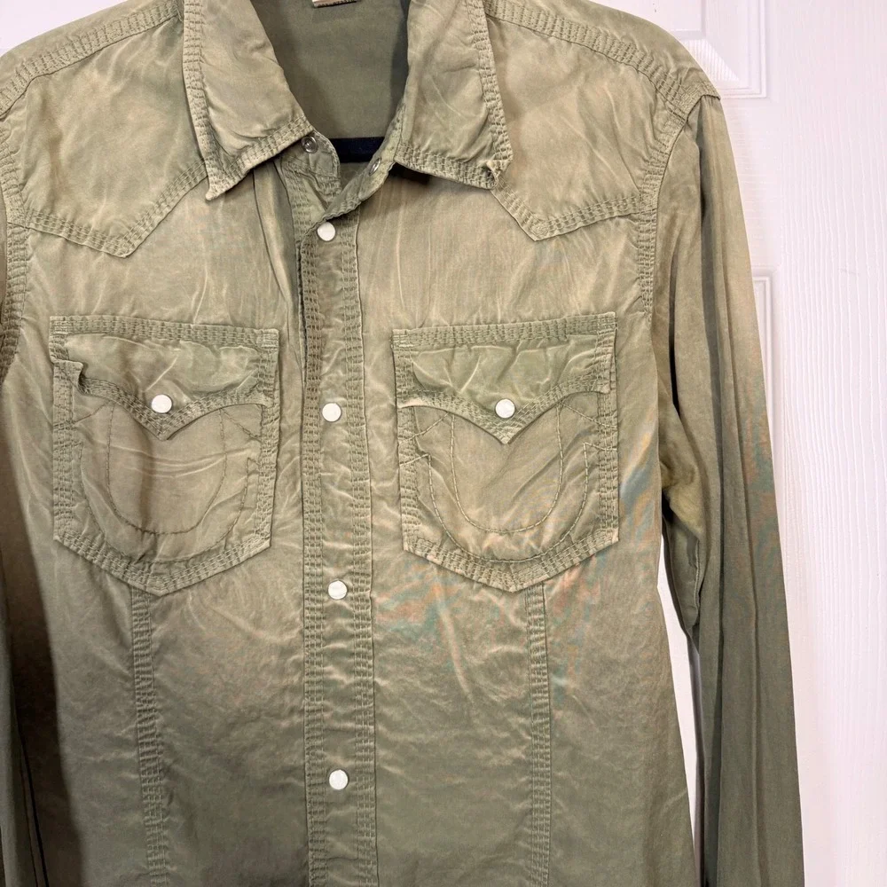 True Religion Mens Khaki Green Long Sleeve Western Snap‎ Button Shirt XL