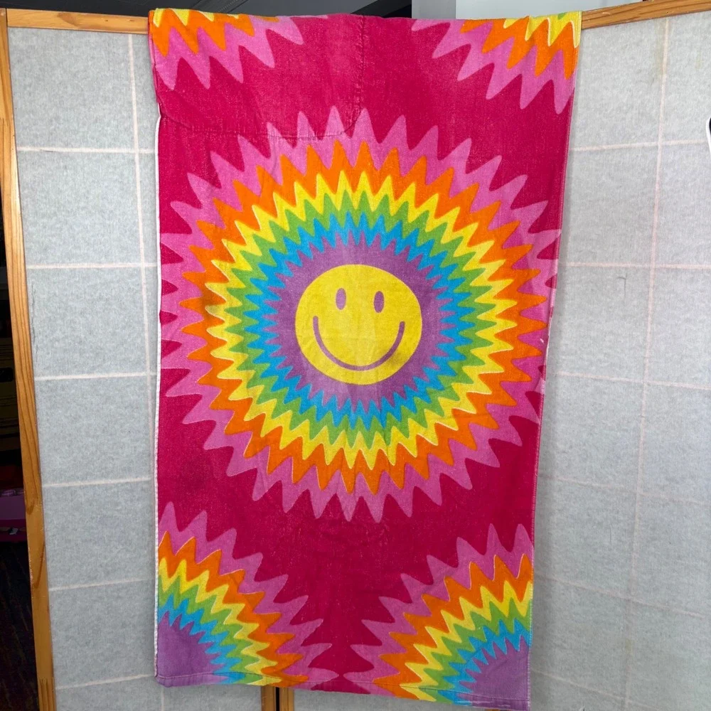 VTG Retro Groovy Rainbow Smiley Face Beach Towel Drawstring Bag‎ Pink 100 Cotton
