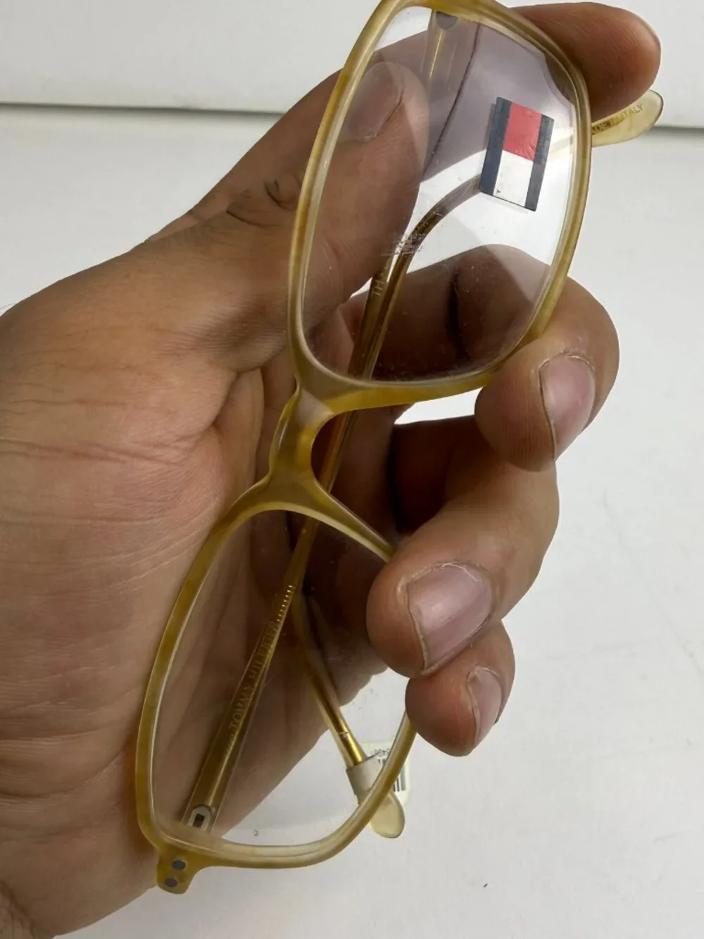 Vintage Tommy Hilfiger TH 35 Amber Horn Frames 53-18 Demo Lens Scratches