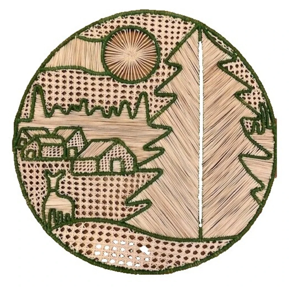 Vintage Woven Rattan Landscape Scene on Circular Hand Stitched Frame Wall Decor‎
