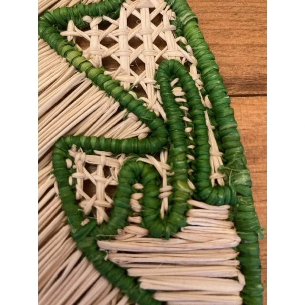 Vintage Woven Rattan Landscape Scene on Circular Hand Stitched Frame Wall Decor‎