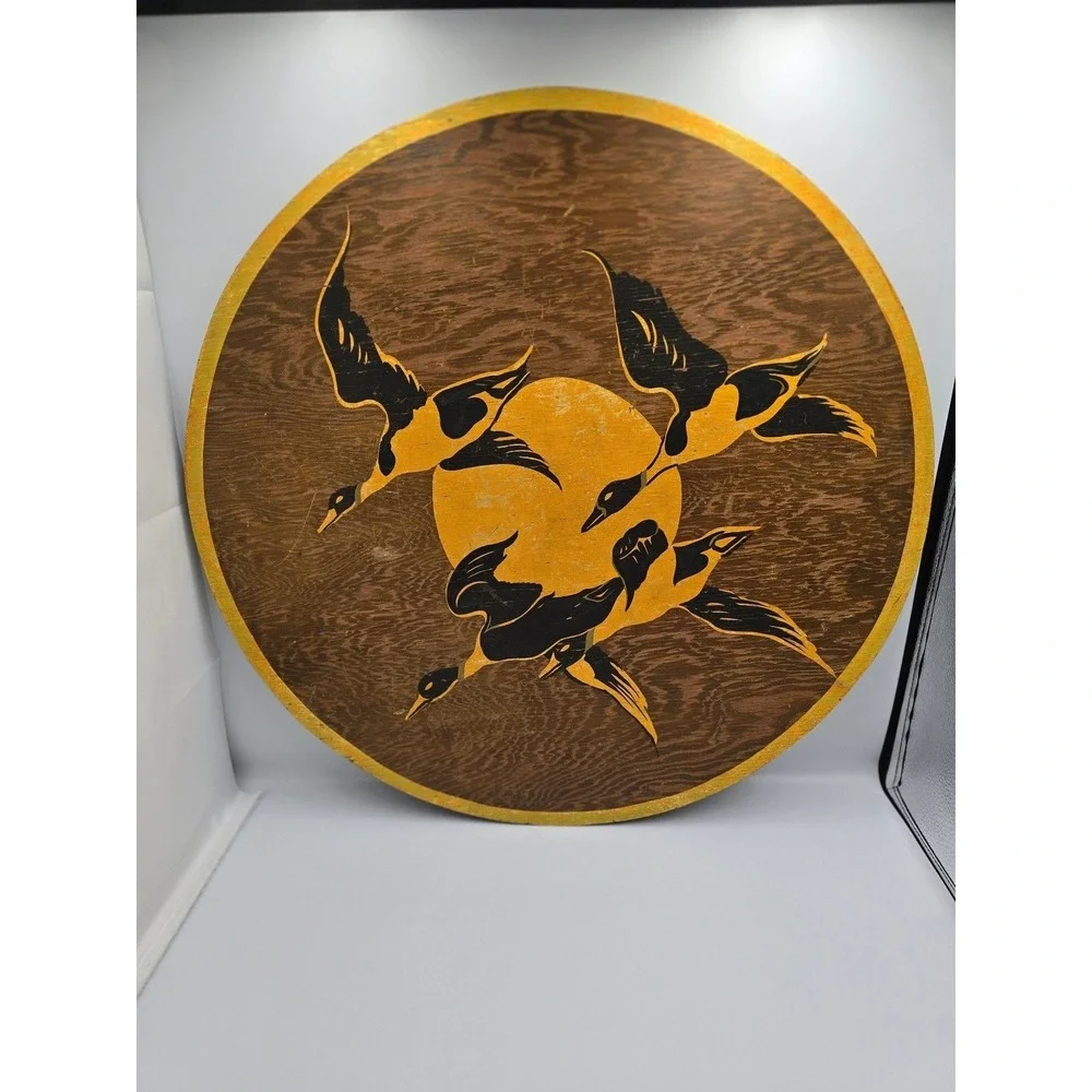 Vintage Round Wooden Wall Art Flying‎ Ducks Sun Decor Rustic Home Accent 21in