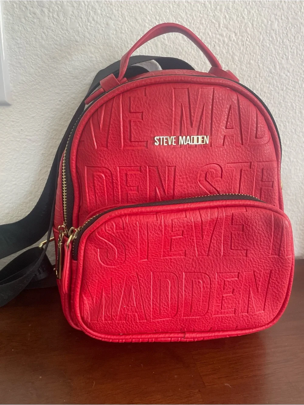 Steve Madden Red Textured Mini Backpack with Gold Hardware