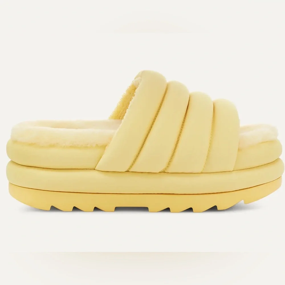 UGG Butter Yellow Sheepskin Fur Puff Maxi Slide Platform Shoes