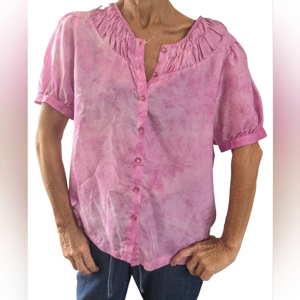 Johnny Was Amanda Bond 100% Silk Pink Peasant Blouse Puff Sleeve XS/S