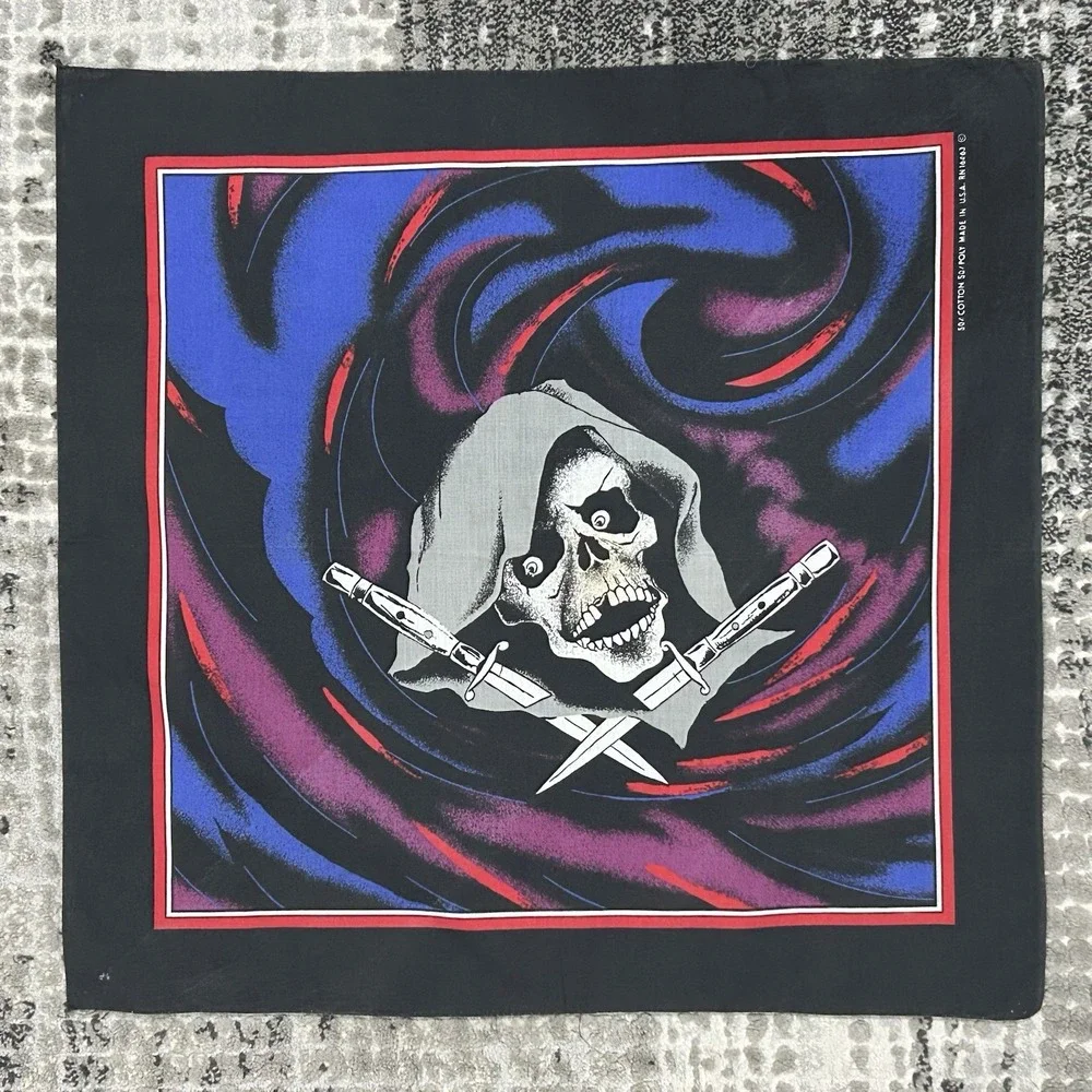 Vintage Skull Reaper W/Knives Banadana USA Made Handkerchief‎ Headband 80's 90's
