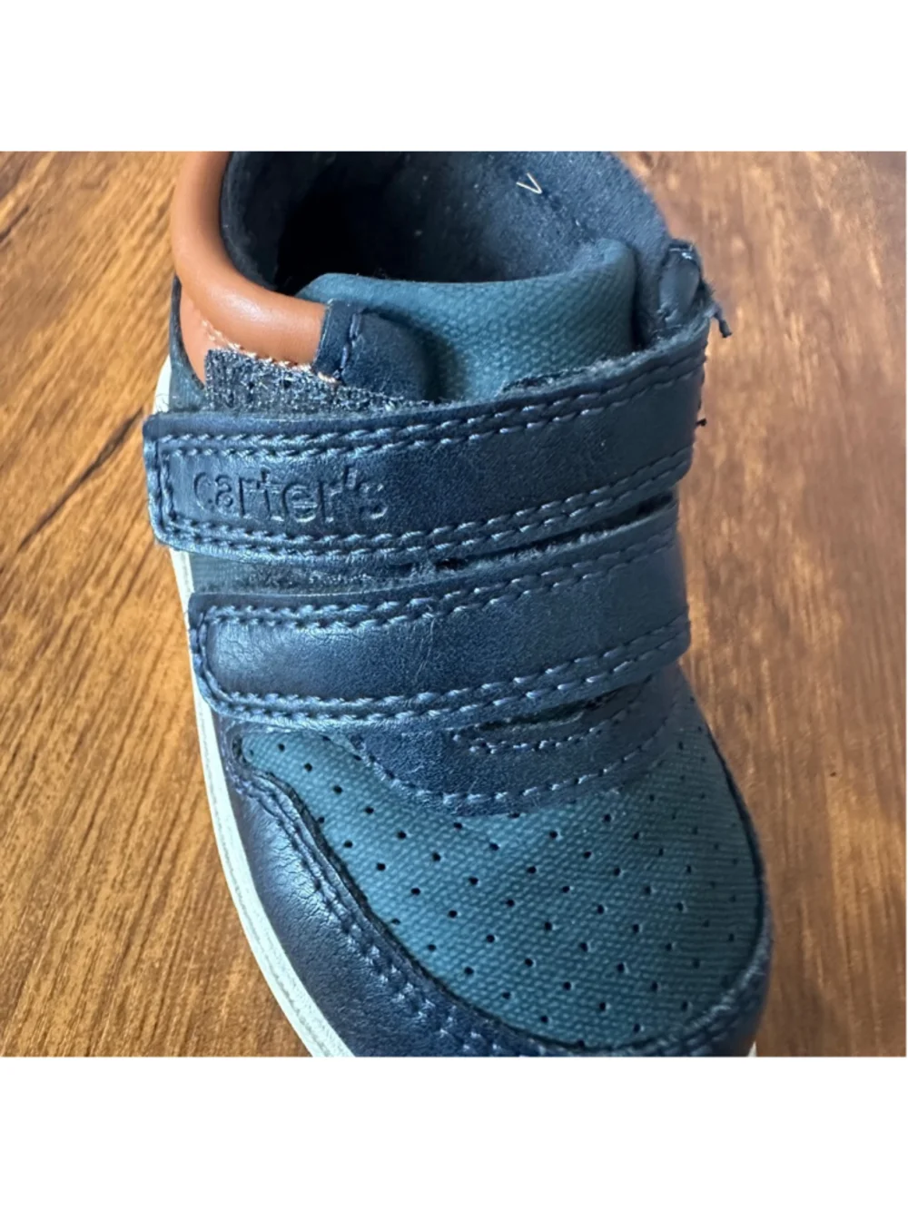Carter's Walker Shoes Baby Size 4 Navy Brown Hook Loop Sneakers