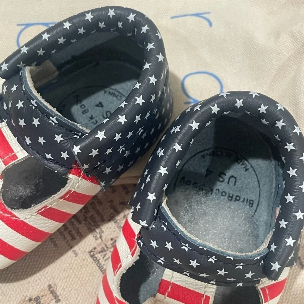 🆕Birdrock Baby Mary Jane Mocs Patriotic Baby moccasin Stars and Stripes Size 4