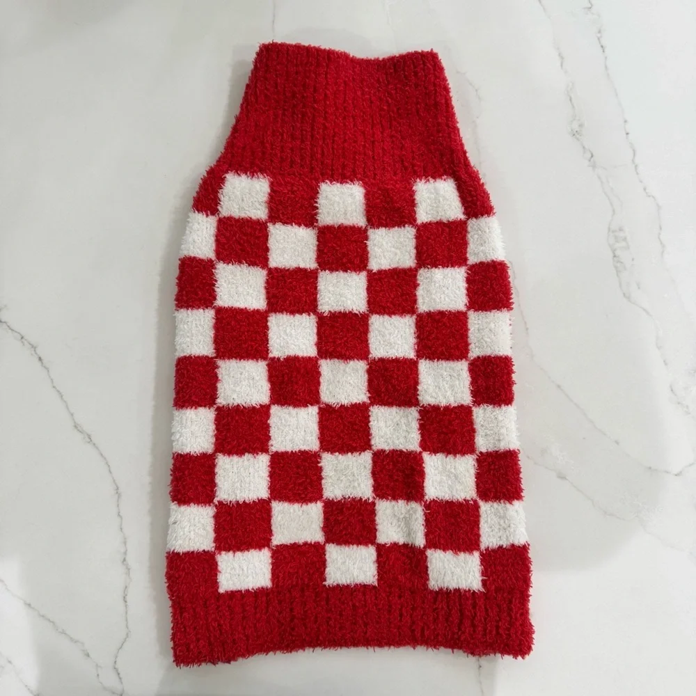 Dog Christmas Sweater Pullover Checkerboard Red White Size L